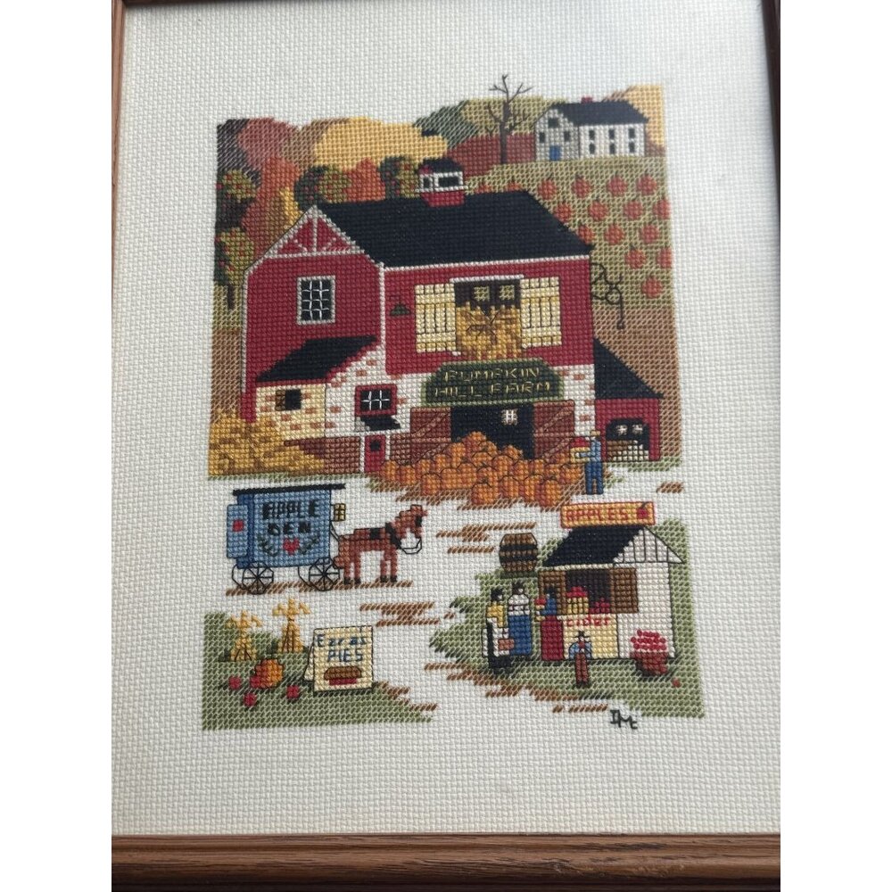 Pumpkin Hill Farm Cross-Stitch Framed Wall Art - Rustic Autumn Scene Cider Stand